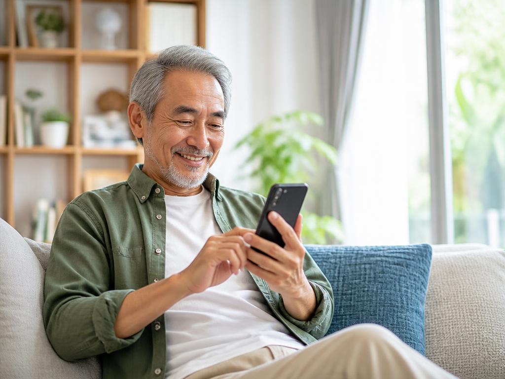An older adult smiling while earning through the app at home