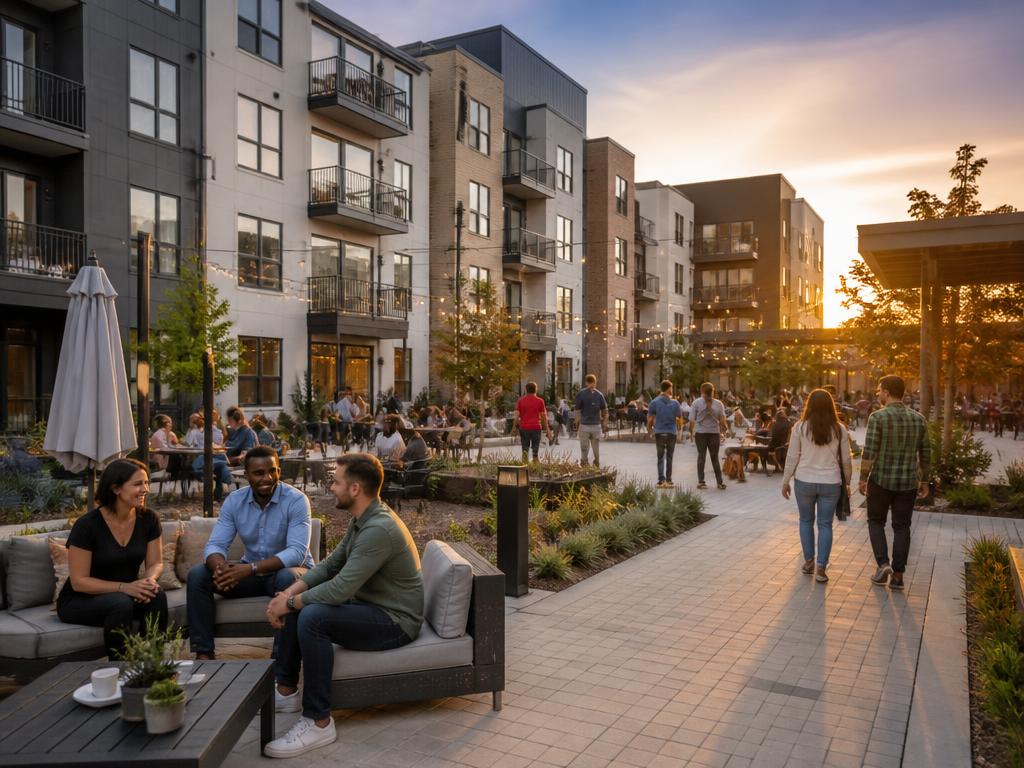 A fully occupied, lively apartment community courtyard at golden hour